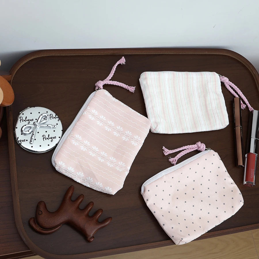 Pink Striped Women Makeup Bag Cute Wallet Mini Cosmetic Bags Portable Key Earphone Lipstick Storage Bag Coin Purse