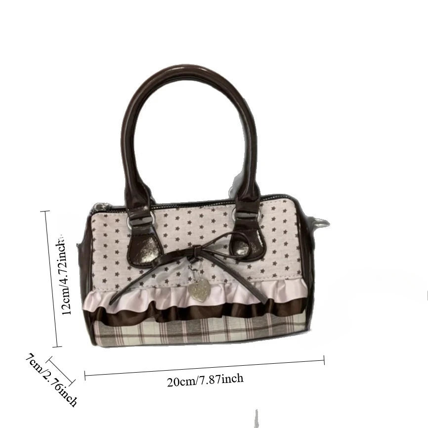Sweet Bow Girls Crossbody Pillow Bags Versatile Vintage Plaid Ladies Shoulder Bag Lightweight Portable Women Handbag Purse