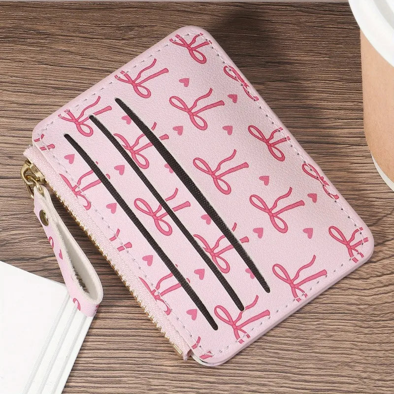 Fashion PU Credit Card Holder Slim Card Case Lightweight Cute Bow Coin Purse for Women Girls