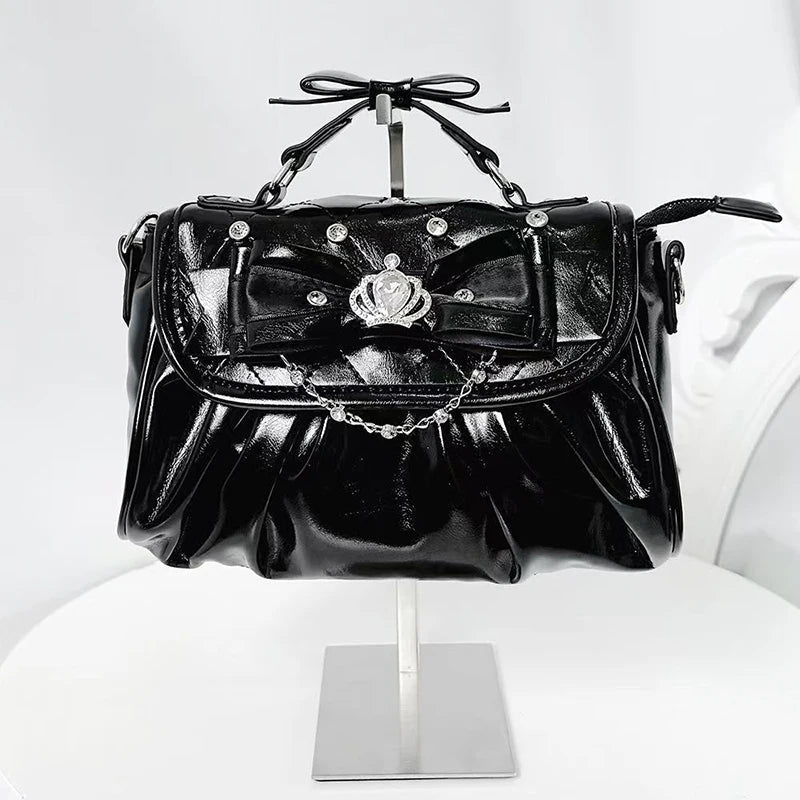 Elegant Pink Bow Rhinestone Underarm Bag, Sweet Lolita Pleated Shoulder Bag, Portable Bow Handle Handbag Cute Ita Purse