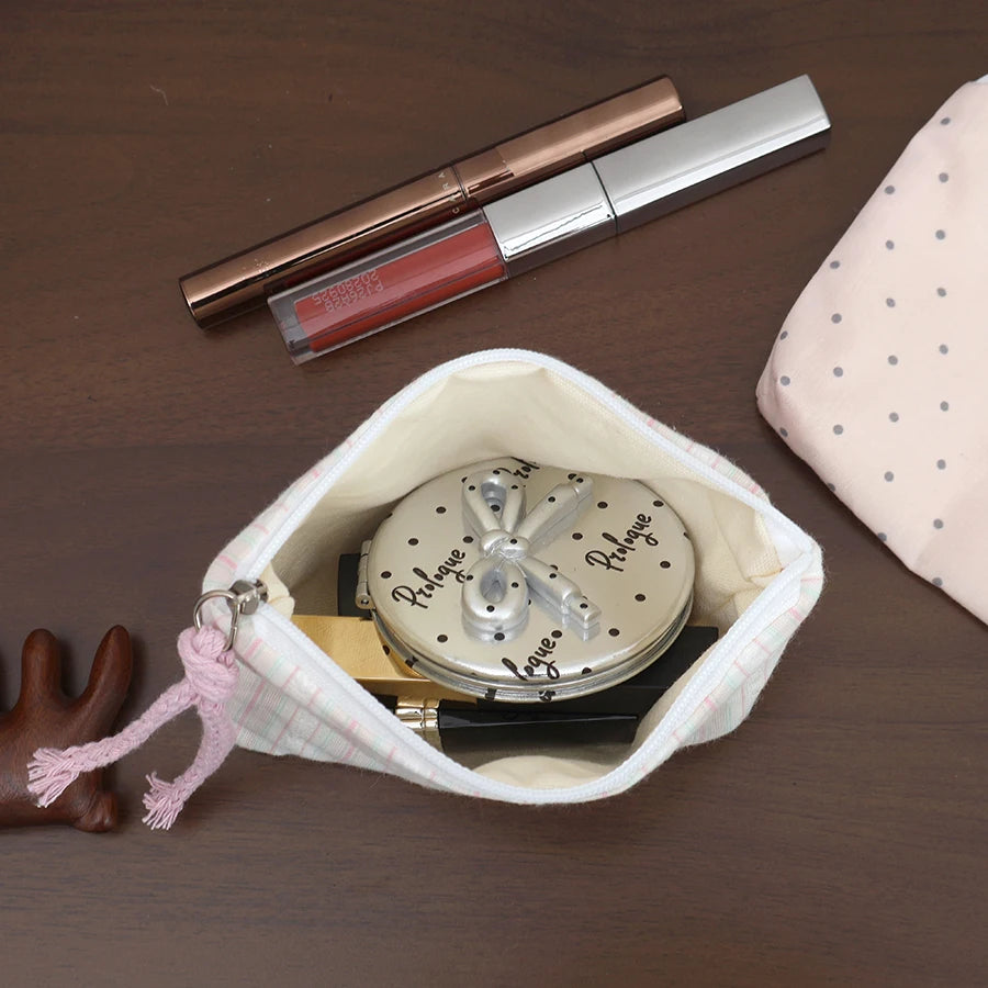 Pink Striped Women Makeup Bag Cute Wallet Mini Cosmetic Bags Portable Key Earphone Lipstick Storage Bag Coin Purse