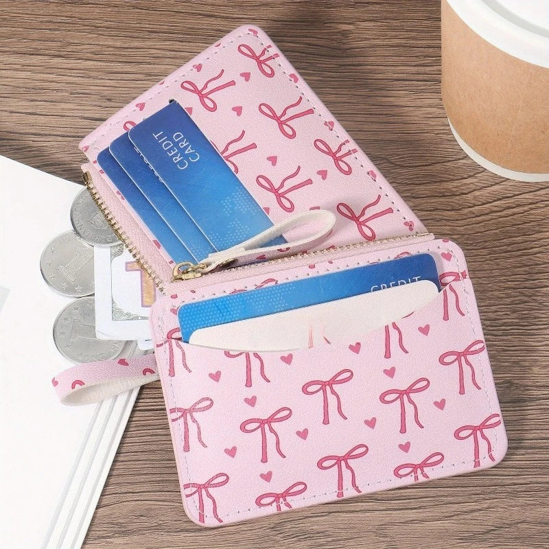 Fashion PU Credit Card Holder Slim Card Case Lightweight Cute Bow Coin Purse for Women Girls