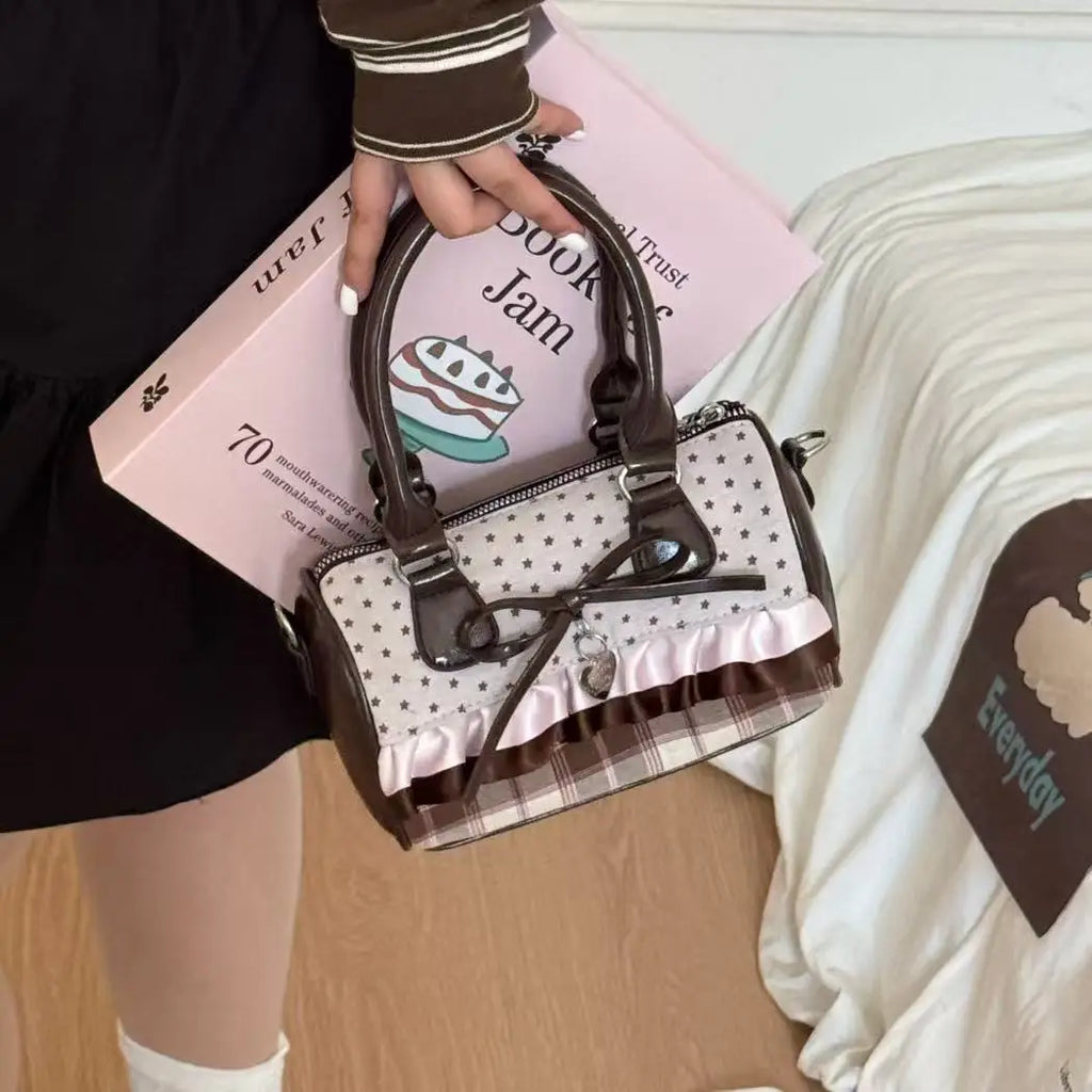 Sweet Bow Girls Crossbody Pillow Bags Versatile Vintage Plaid Ladies Shoulder Bag Lightweight Portable Women Handbag Purse