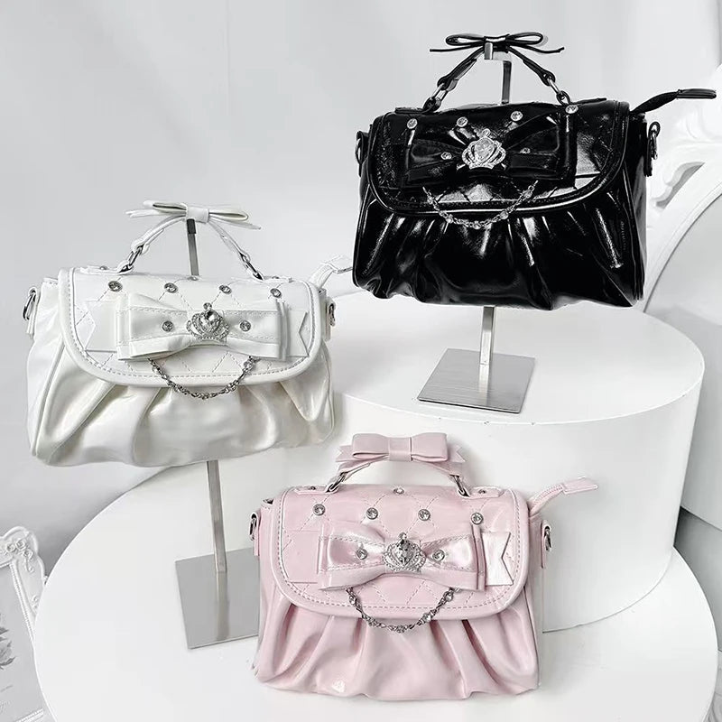 Elegant Pink Bow Rhinestone Underarm Bag, Sweet Lolita Pleated Shoulder Bag, Portable Bow Handle Handbag Cute Ita Purse