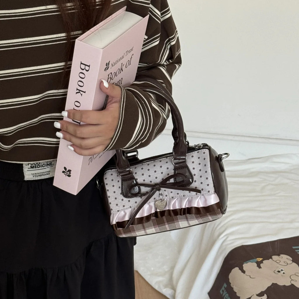 Sweet Bow Girls Crossbody Pillow Bags Versatile Vintage Plaid Ladies Shoulder Bag Lightweight Portable Women Handbag Purse