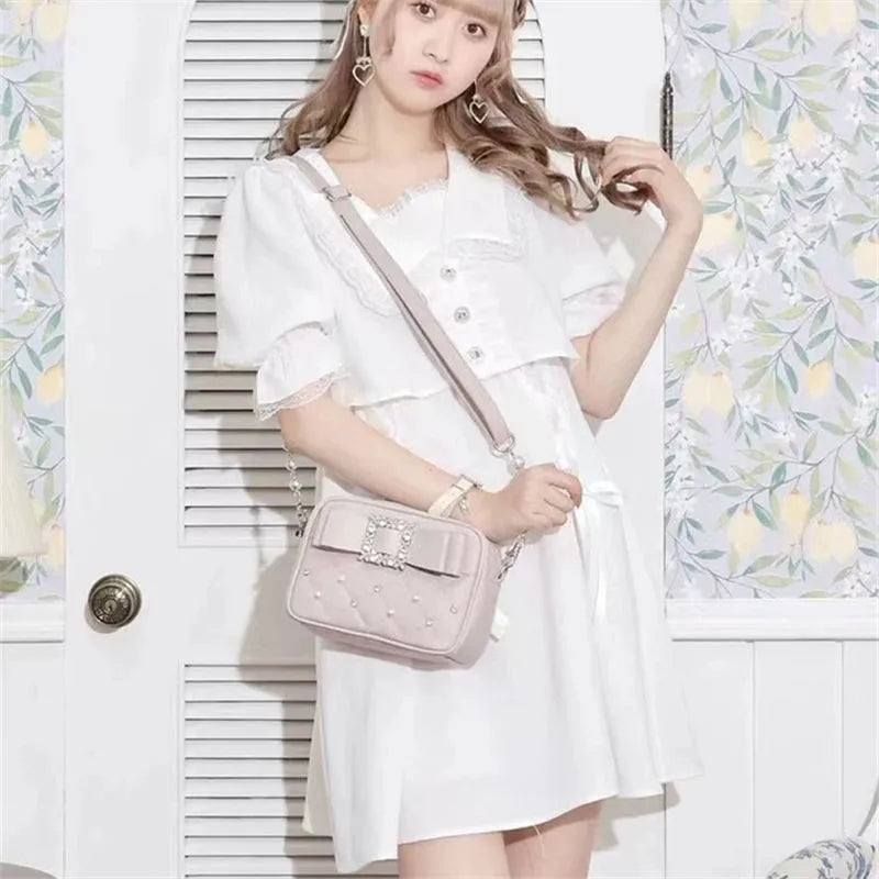 Diamond Bow Pink Square Bag For Women Mine Series Beading Pearl Y2k Messenger Bag Hot Girls Sweet Kawaii Shoulder Crossbody Bag