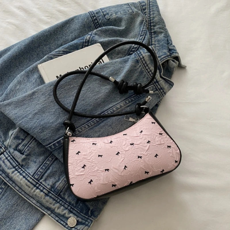 Y2k Pink Bow Armpit Bag for Women, New Fashionable and Versatile Texture Light Luxury Single Shoulder Small Square Bags