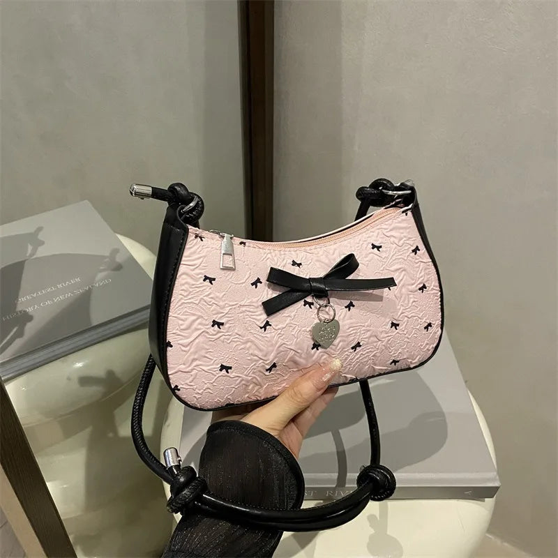 Y2k Pink Bow Armpit Bag for Women, New Fashionable and Versatile Texture Light Luxury Single Shoulder Small Square Bags
