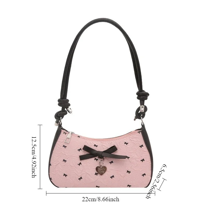 Y2k Pink Bow Armpit Bag for Women, New Fashionable and Versatile Texture Light Luxury Single Shoulder Small Square Bags