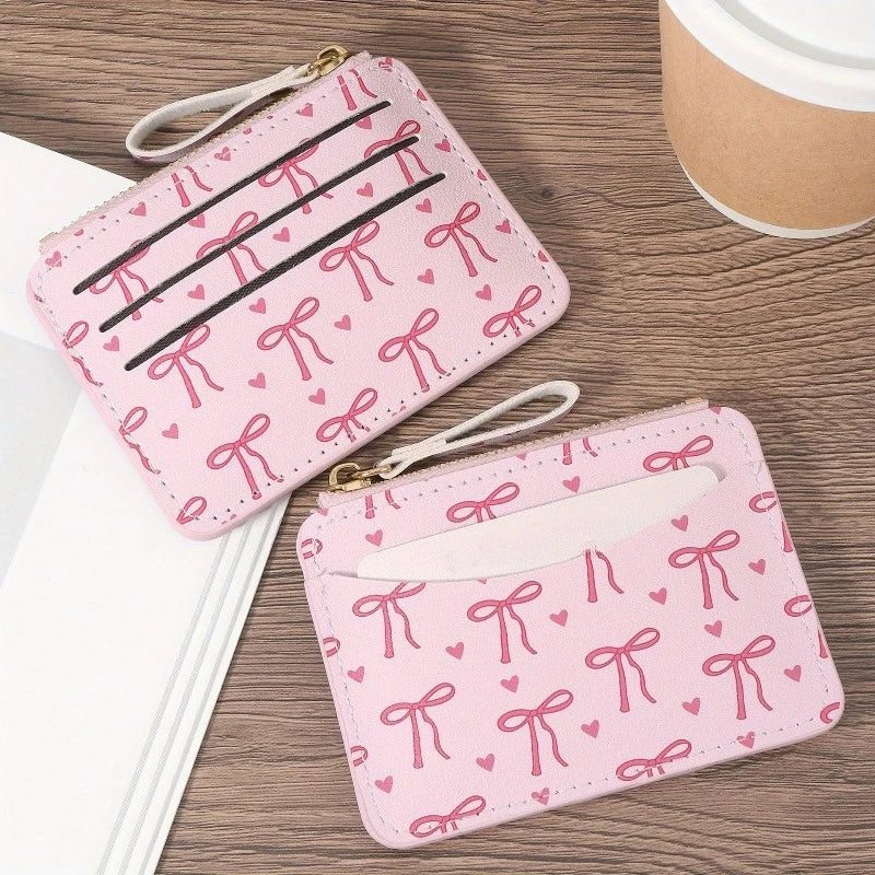 Fashion PU Credit Card Holder Slim Card Case Lightweight Cute Bow Coin Purse for Women Girls