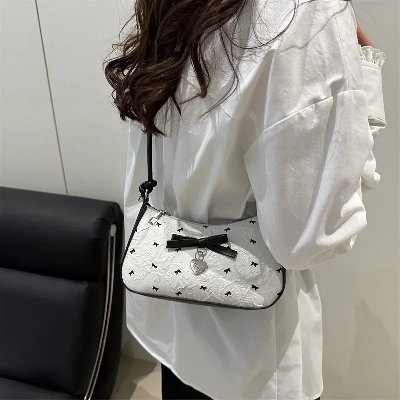 Y2k Pink Bow Armpit Bag for Women, New Fashionable and Versatile Texture Light Luxury Single Shoulder Small Square Bags