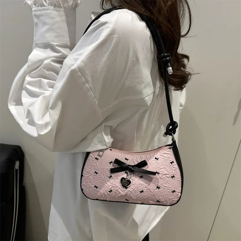 Y2k Pink Bow Armpit Bag for Women, New Fashionable and Versatile Texture Light Luxury Single Shoulder Small Square Bags