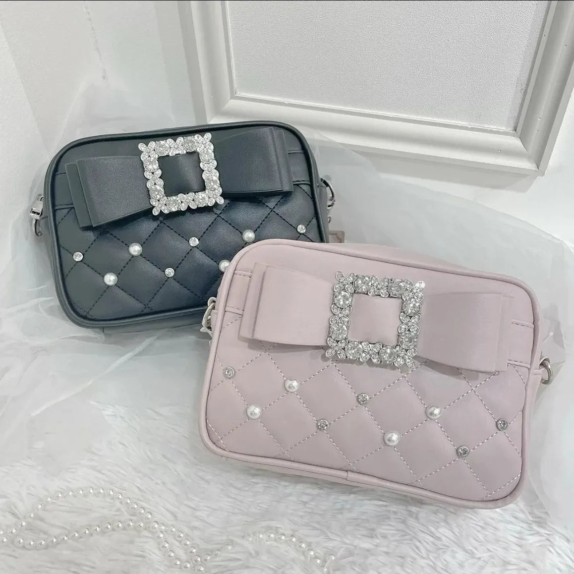 Diamond Bow Pink Square Bag For Women Mine Series Beading Pearl Y2k Messenger Bag Hot Girls Sweet Kawaii Shoulder Crossbody Bag