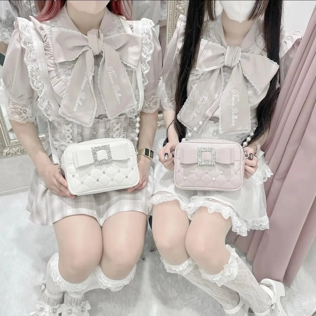 Diamond Bow Pink Square Bag For Women Mine Series Beading Pearl Y2k Messenger Bag Hot Girls Sweet Kawaii Shoulder Crossbody Bag