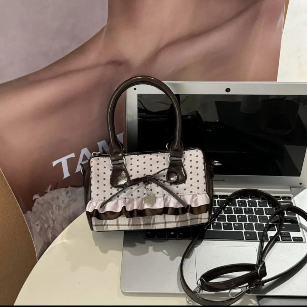 Sweet Bow Girls Crossbody Pillow Bags Versatile Vintage Plaid Ladies Shoulder Bag Lightweight Portable Women Handbag Purse