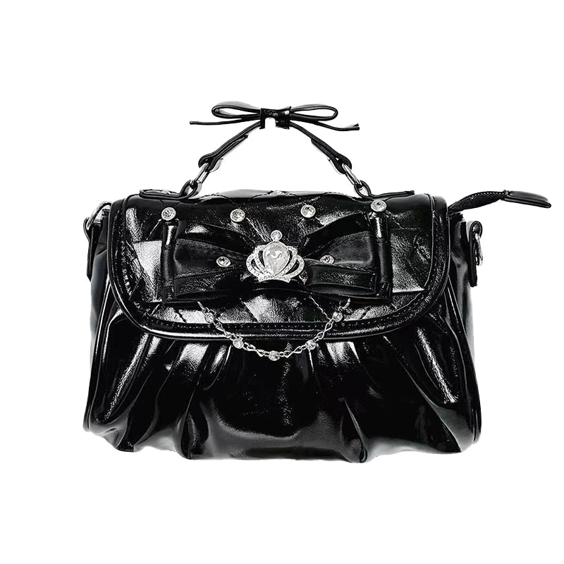 Elegant Pink Bow Rhinestone Underarm Bag, Sweet Lolita Pleated Shoulder Bag, Portable Bow Handle Handbag Cute Ita Purse