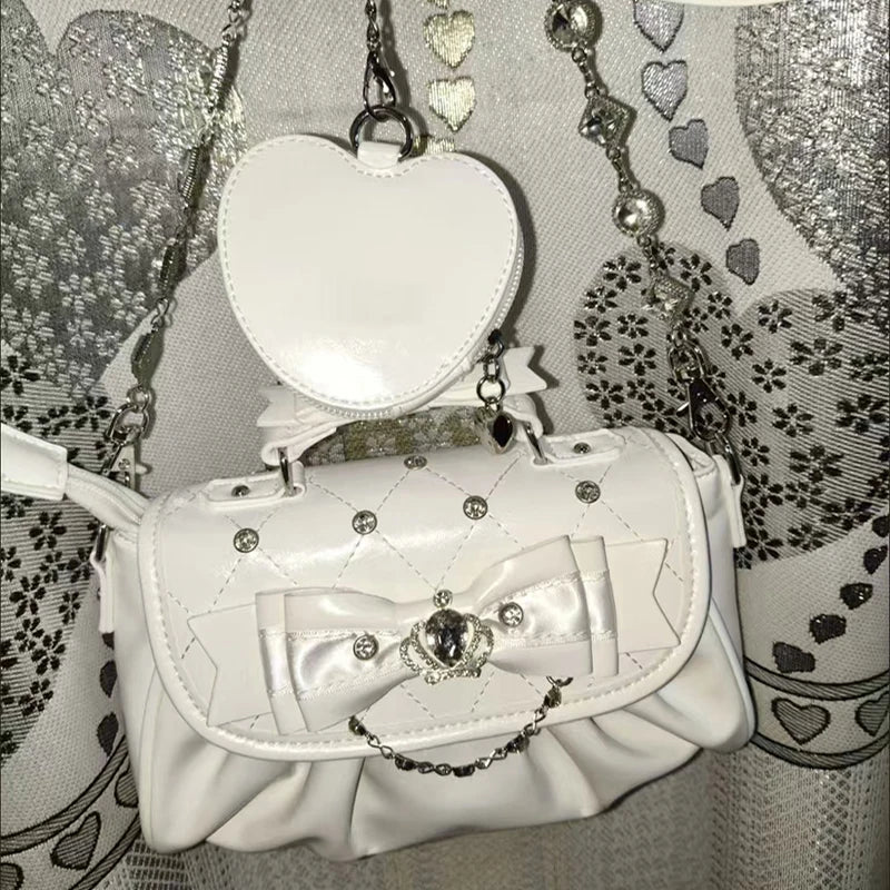 Elegant Pink Bow Rhinestone Underarm Bag, Sweet Lolita Pleated Shoulder Bag, Portable Bow Handle Handbag Cute Ita Purse