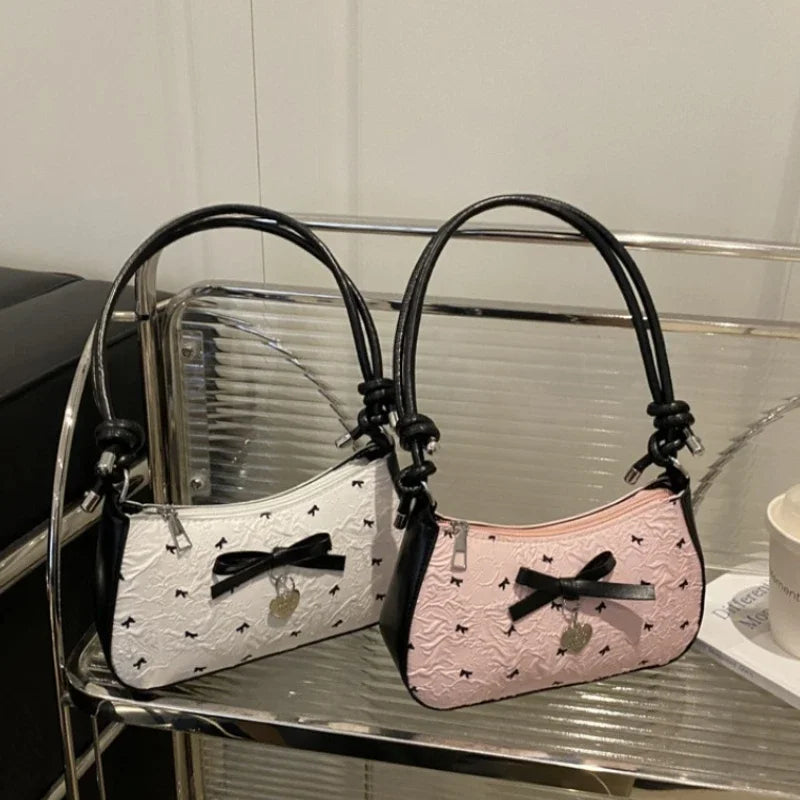 Y2k Pink Bow Armpit Bag for Women, New Fashionable and Versatile Texture Light Luxury Single Shoulder Small Square Bags