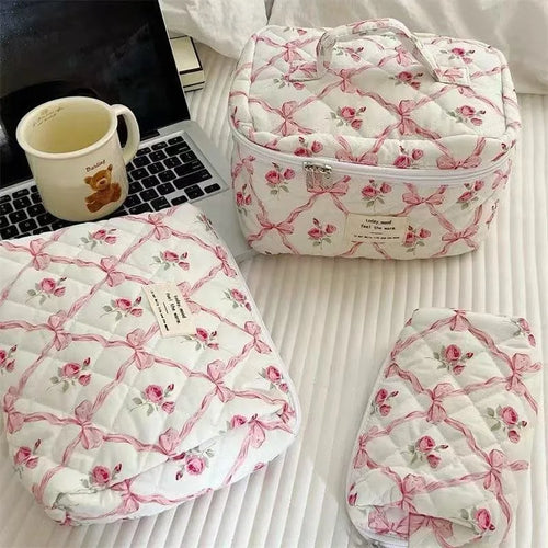 Cute Bow Flower Quilting Cotton Makeup Bag Women Zipper Cosmetic Organizer Female Cloth Handbag Portable Toiletry Case for Girls